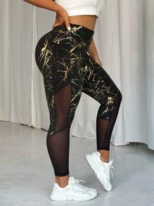 SHEIN Sport Studio Plus Size All-Over Print Elastic Waist Fitness Leggings, Suitable For Yoga Exercises