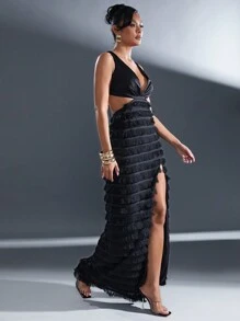 Hauture Sleeveless Satin Fringe Maxi Christmas Formal Dresses For Women With Lace Up Back And Side Slit