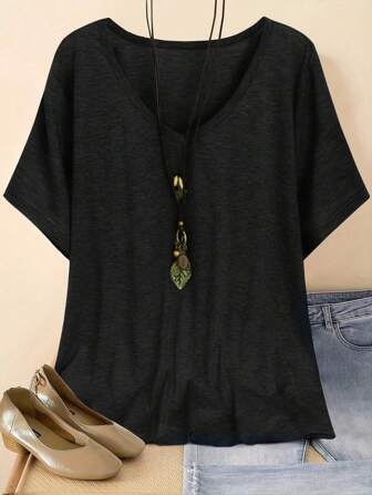 Plus Size Women's Plain V-Neck Short Sleeve Casual T-Shirt