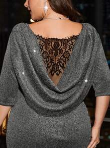 SHEIN Clasi 大码女式优雅派对闪亮对比蕾丝长裙，秋季 - 銀色 - 查看 3