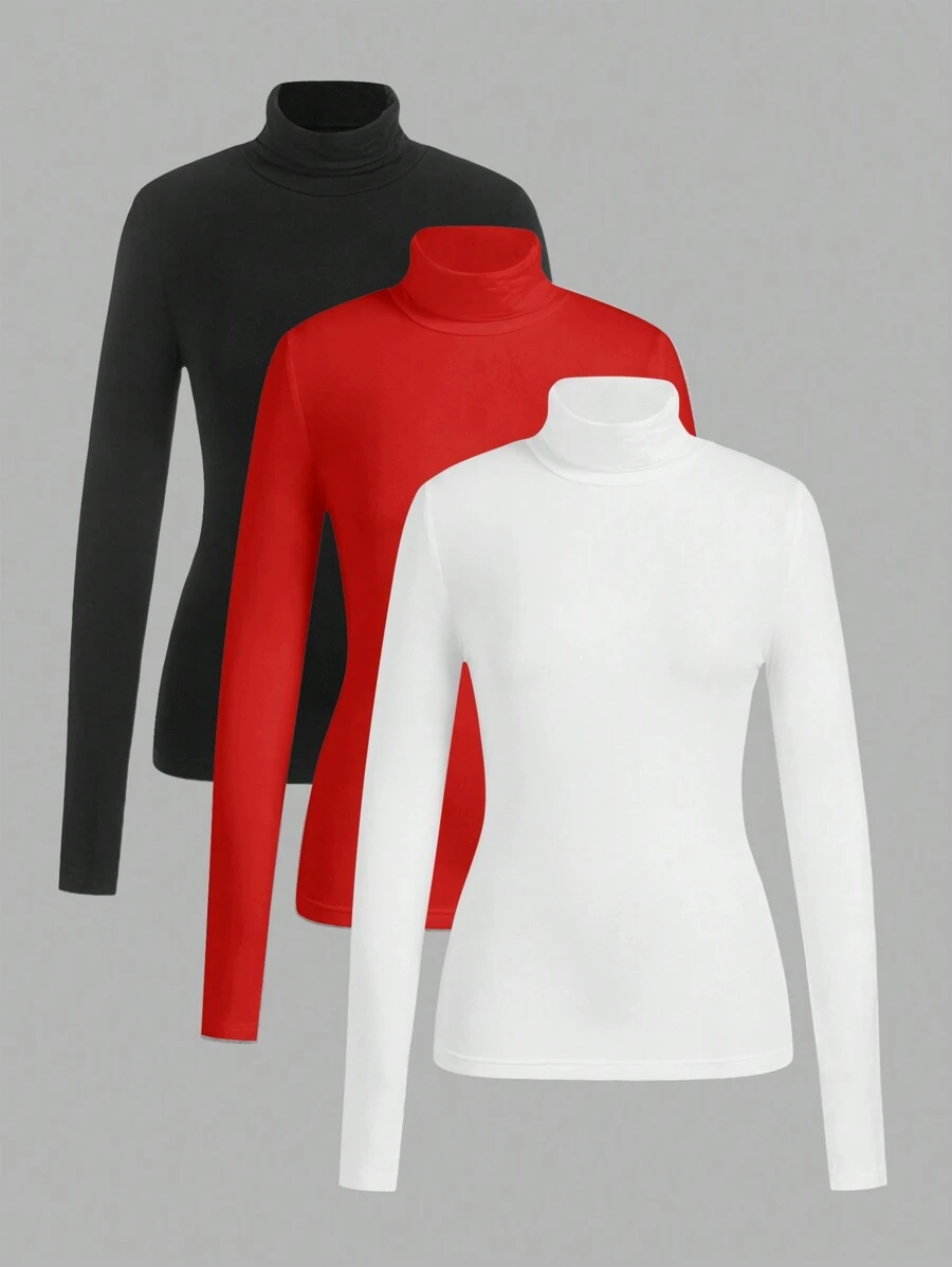 SHEIN EZwear Women Solid Color Stand Collar Long Sleeve Casual Top, Everyday Wear - Red - View 1