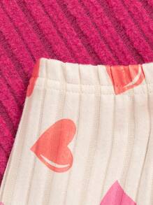 SHEIN Ensemble 3 pièces pour jeune fille : Top côtelé à manches longues, leggings imprimés cœur, tenue d'intérieur et de loisirs confortable de couleur unie, automne/hiver