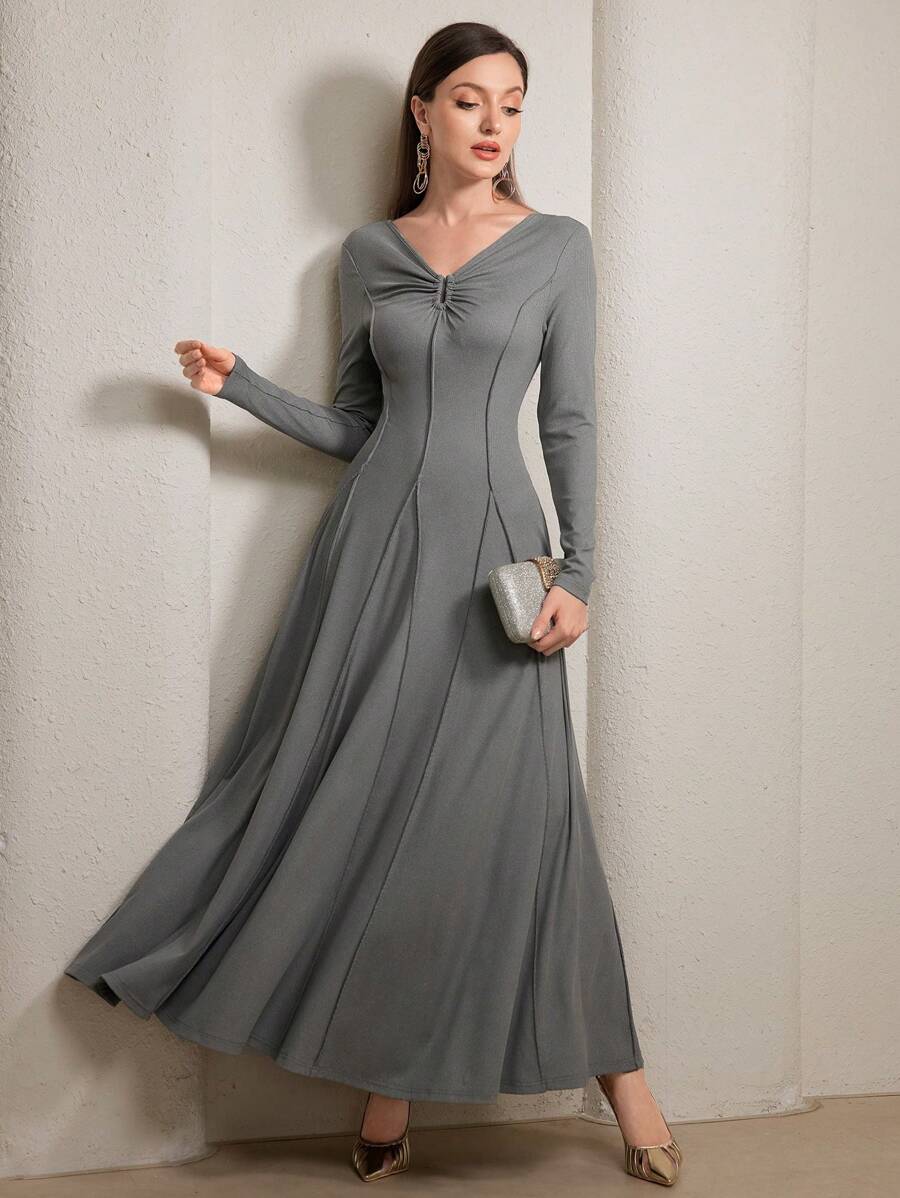 Feyla 女士优雅收腰纯色长裙，秋季