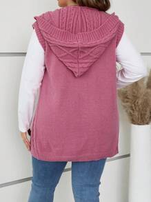 SHEIN LUNE Plus Size Sleeveless Hooded Knitted Cardigan, Multi-Color Winter Fall Autumn - Hot Pink - View 2