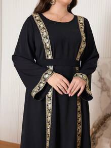 Al Najma Plus Size Long Sleeve Round Neck Ribbon Patchwork Elegant Party Dress Maxi Women Outfit