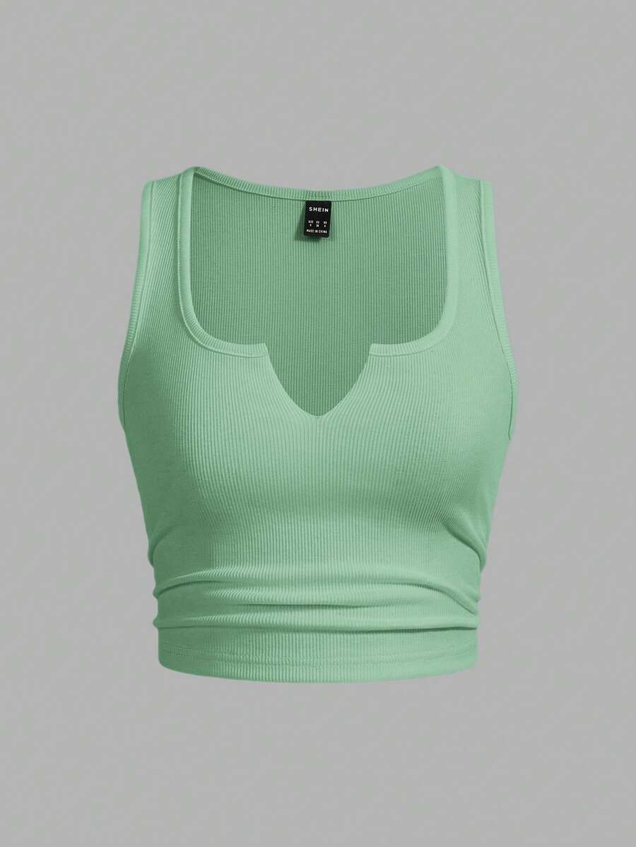 Slaydiva Top corto multifuncional de punto fino con nervaduras, sin mangas y cuello en V de unicolor, del verano 2024 - verde menta - Ver 1