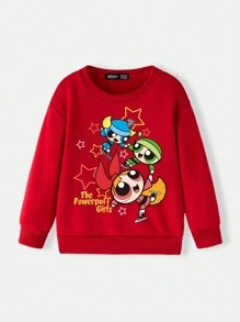 THE POWERPUFF GIRLS X SHEIN Young Girl Casual Cute Cartoon Print Crew Neck Sweatshirt, Red, Autumn, For Christmas - Red - View 6