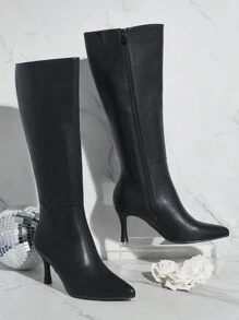 SHUZIA Fashion Simple Knee-High Boots, Black, Pointy Toe Summer Shoes Spring Shoes Spring Break Easter For Christmas - Black - View 4