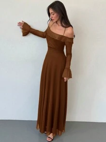 Aloruh 现代街头服饰 女式黑色长袖伞形下摆网眼长裙 - 棕色 - 查看 2