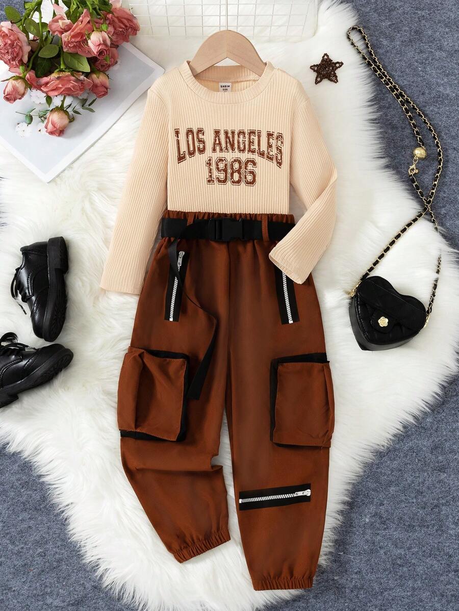 SHEIN Bộ 2 áo thun cổ tròn dài tay đơn giản thời trang thường ngày và quần dài cho bé gái, mặc hàng ngày - màu nâu - Xem 1