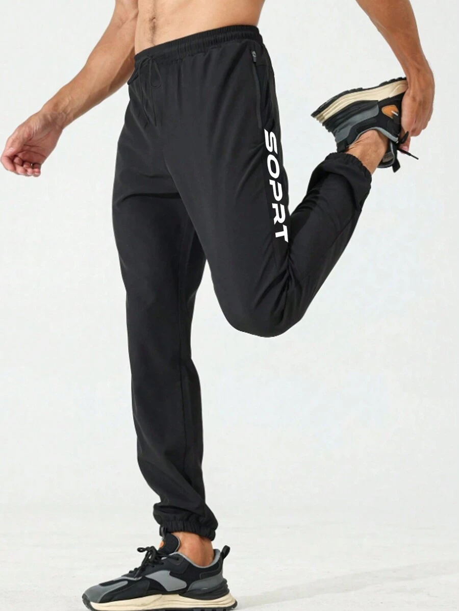 Gym Rark Boyfriend Style Men's Casual Front Tie Pocket Letter Print Minimalist Sports Pants Sweat Pants - Black - View 1