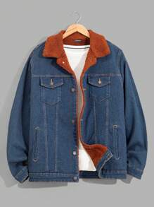 SHEIN Cottnline Men Teddy Lining Regular Denim Jacket - Blue - View 1