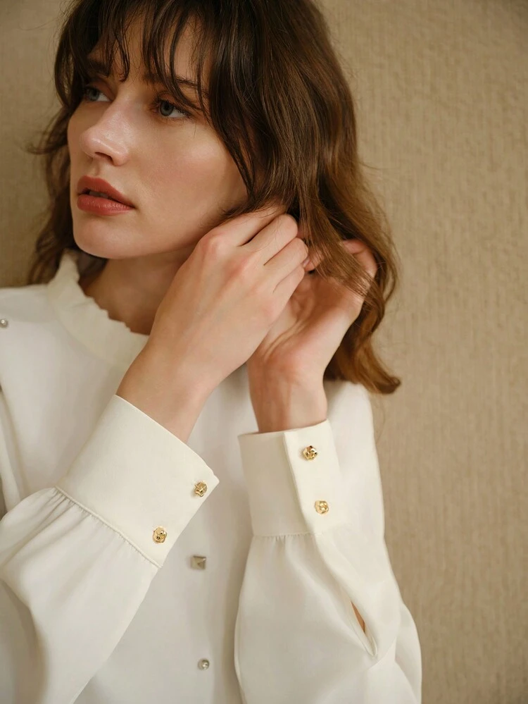MOTF STUDIO STUDDED FRILL NECK BLOUSE, EMBELLISHMENT BLOUSE, LONG SLEEVES