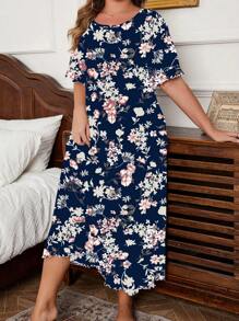 Plus Size Floral Allover Print Round Neck Short Sleeve Simple Nightgown, Casual Loungewear, Moo Moo Sleep Dress - Navy Blue - View 4