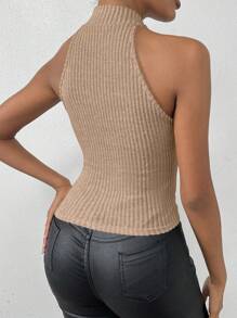 Chiquease Áo hở vai màu trơn tối giản giản dị - Màu Khaki - Xem 2
