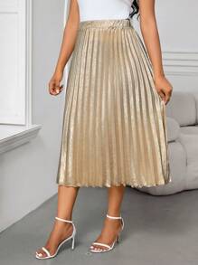 SHEIN Lady Spring And Summer Casual Elegant Boho Metallic Flowy Pleated Women's Skirt Plus Size Skirts Vacation Outfits Woman Beach Outfits For Woman Vacation Vacation Outfits Women Beach Vacation Outfits Beach Wedding Guest Skirt Spring Outfits For Women - Gold - View 1