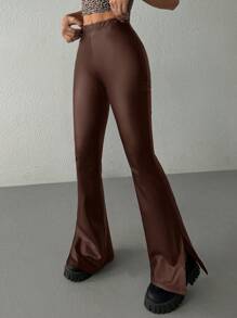 Muchica Women's New Elastic Leather Flare Pants - Chocolate Brown - View 5