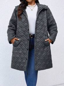 SHEIN LUNE Plus Size Casual Solid Color Hooded Jacket, Winter - Grey - View 3
