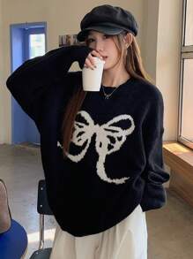 DAZY 女士圆领宽松蝴蝶结图案毛衣，秋装 - 黑色 - 查看 6