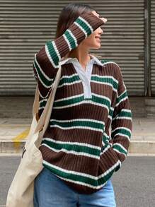 DAZY Color Block Striped Loose Long Sleeve Sweater For Women