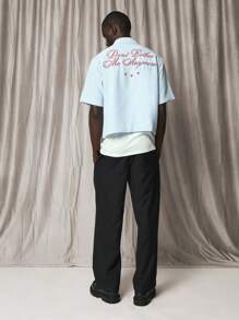 SUMWON Crop Pinstripe Shirt With Embroidery - Blue and White - View 4