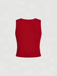 SHEIN MOD Gestricktes V-Ausschnitt einfarbiges Knopf Tasche Crop Top, Outfits, Familienoutfits, Pullover, Damenpullover, Knopfverschluss vorne, ärmelos, modisch, vielseitig, minimalistischer Strickpullover - Bordeaux - Übersicht 2