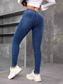 SHEIN EZwear Women's Front Button Pocket Simple Denim Jeans, Casual Daily Wear