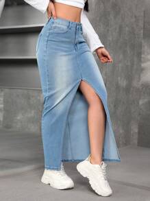 SHEIN EZwear 女士休闲百搭长款开衩牛仔裙 - 淺色水洗藍 - 查看 7