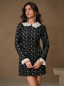 Anewsta Women's Modern Heavy Embroidered Lace Mini Dress Embroidery Women Outfit - Black - View 6