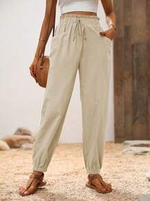 SHEIN Holidaya Paperbag Waist Knot Front Carrot Trousers - Apricot - View 3