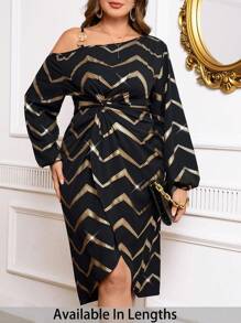 SHEIN Tall CURVE Asymmetrical Shoulder Chain & Twist Open Shoulder Cinched Waist Puff Sleeve Elegant Vintage Foil Print Plus Size Gold And Black Mid-Length Dress, Dress, New Years Dress Women, Sequin, Nye Outfit Women, Black Dress Elegant