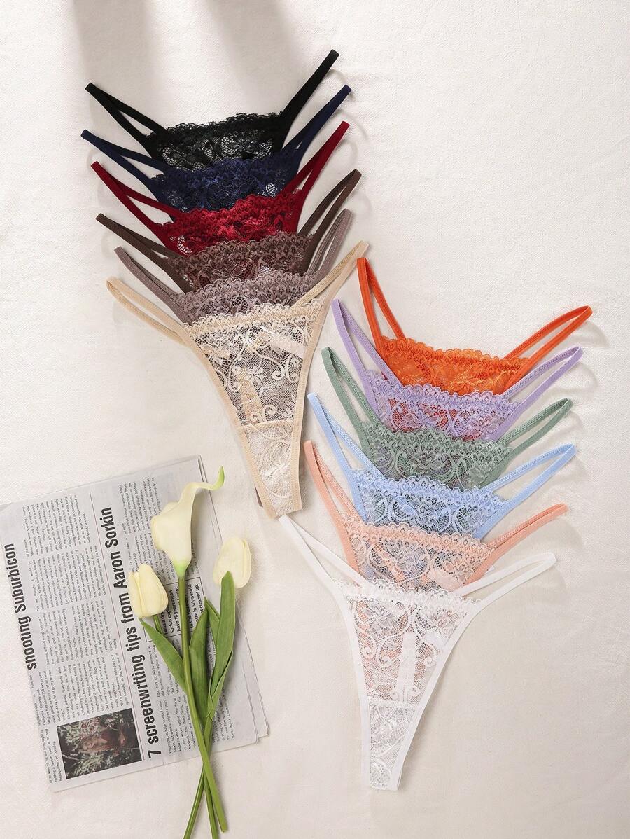 SHEIN 12 件/包女士纯色蕾丝简约浪漫透气丁字裤内衣，性感 - 彩色 - 查看 1