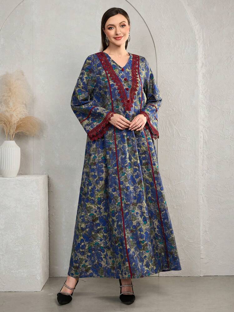 Al Najma فستان نسائي بأكمام جرس وفتحة رقبة على شكل V مع تطريز بالدانتيل، مناسب للخريف/الشتاء، فستان مودستي بويمي طويل الأكمام ماكسي جلابية عربي للاستخدام اليومي الكاجوال - متعدد الألوان - مشاهدة 7