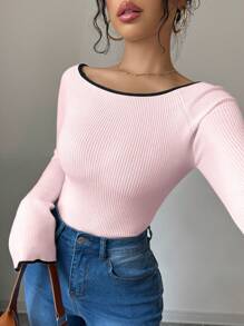 Elenzga Valentine's Day Pink Fitted Flare Sleeve Women Sweater Knit Pullover Fall Winter - Pink - View 4