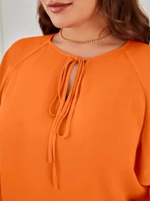 SHEIN Clasi Plus Tie Neck Raglan Sleeve Blouse - Orange - View 5