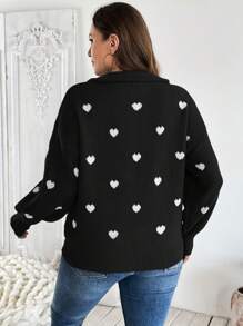 SHEIN LUNE Plus Size Women's Zippered Lapel Heart Jacquard Pullover Sweaterbusiness Casual Woman,Holiday Outfits,Country Tops, For Winter - Black - View 2