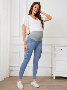 SHEIN Maternity Solid Color Patchwork Casual Elastic Denim Cargo Cropped Pants