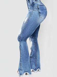 Women's Pearl Jeans, High Waisted Stretch Ripped Distressed Denim Pants,Flared Jeans For Women - Rửa nhẹ - Xem 3