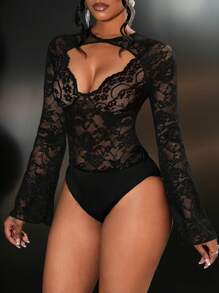 Slaydiva Black Lace Music Festival Sheer Sexy Deep V Long Sleeve Women Blouse, Winter