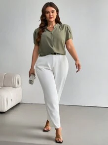 SHEIN Privé Áo cánh tay ngắn màu trơn cỡ lớn cài nút phía trước, trang phục thường ngày giản dị - màu xanh lá - Xem 6