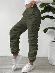 SHEIN LUNE Solid Ruched Pants Fall Cloth For Women - Army Green - View 3