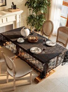 1pc Black Lace Tablecloth, Vintage Romantic Style, Suitable For Holiday Dinners, Parties, Banquets, Restaurants, Weddings, Home Table Decor - Black - View 2