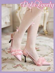 Dola Lovely Giày cao gót nữ phong cách Lolita mũi nhọn ren hồng trơn, giày thường ngày hở gót - Hồng - Xem 5