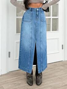 EURMUSE Women's Simple Front Button Pocket Split Hem Skirt, Casual Daily Wear - Medium Wash - View 4