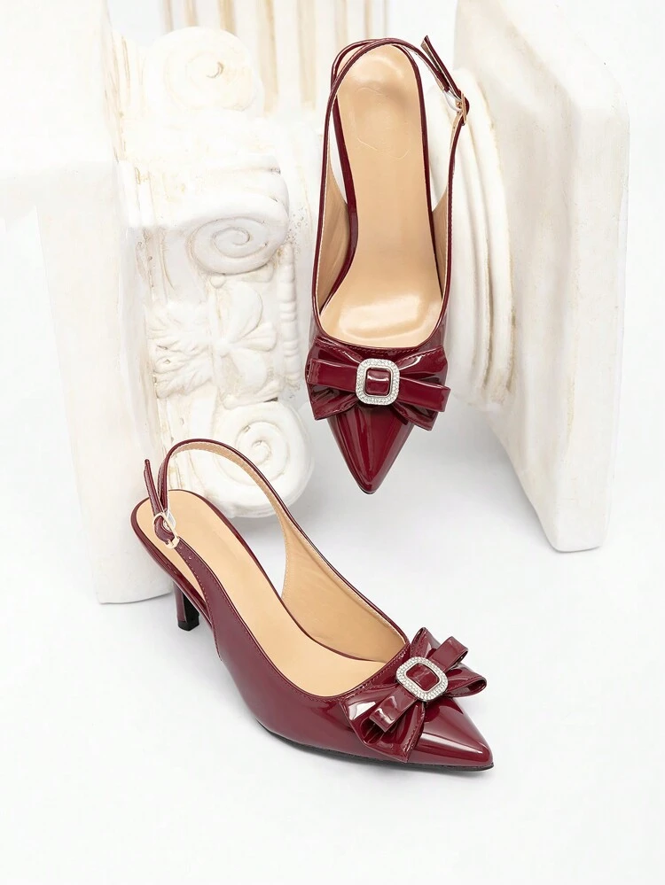 CUCCOO CHICEST ワインレッド ポインテッドトゥ ブロックヒール リボン ホロー バックストラップ レディース ハイヒール クリスマス&ニューイヤー ホリデー ビブ 秋冬 バレンタイン