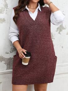 SHEIN LUNE 女式大码安哥拉针织 V 领无袖背心，常规版型简约风格，中长款，适合万圣节、新年、情人节、感恩节、圣诞节、复活节、联欢晚会、新年前夜 - 紫紅色 - 查看 1