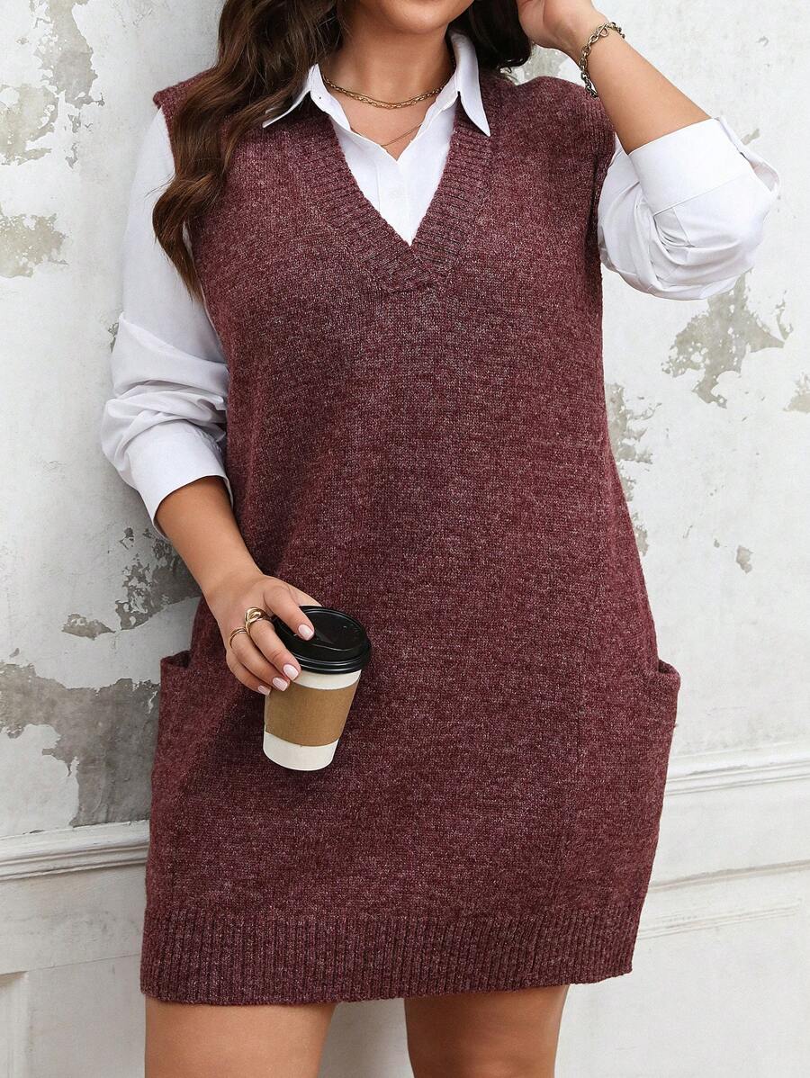 SHEIN LUNE 女式大码安哥拉针织 V 领无袖背心，常规版型简约风格，中长款，适合万圣节、新年、情人节、感恩节、圣诞节、复活节、联欢晚会、新年前夜 - 紫紅色 - 查看 1