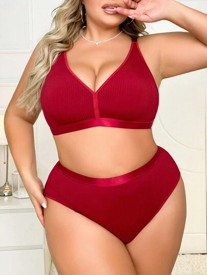 大码纯色无袖简约休闲内衣套装（含上衣和下装）