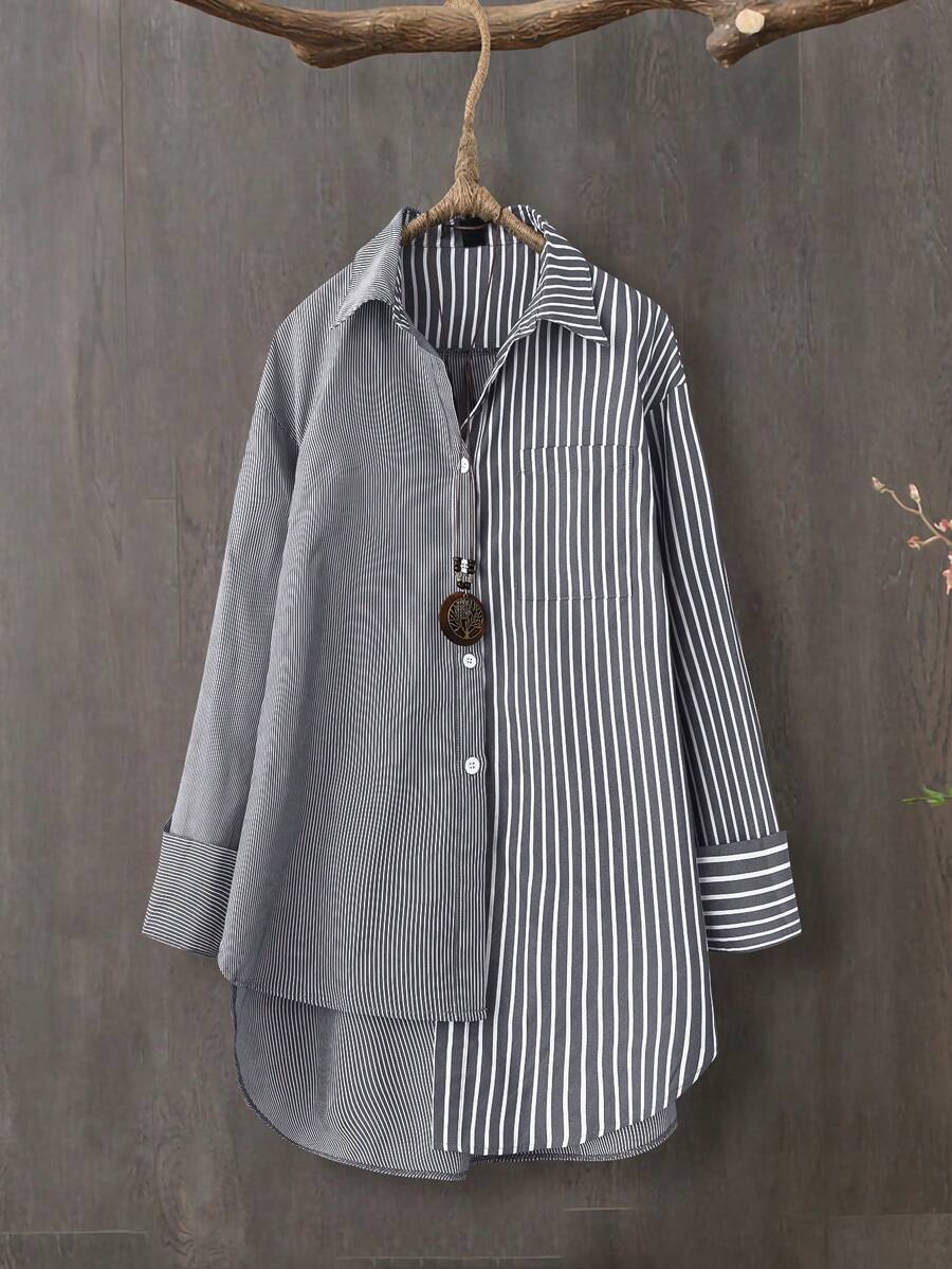 SHEIN LUNE Áo thun sọc dài tay cài nút phía trước cho nữ, mặc hàng ngày - màu đen - Xem 1