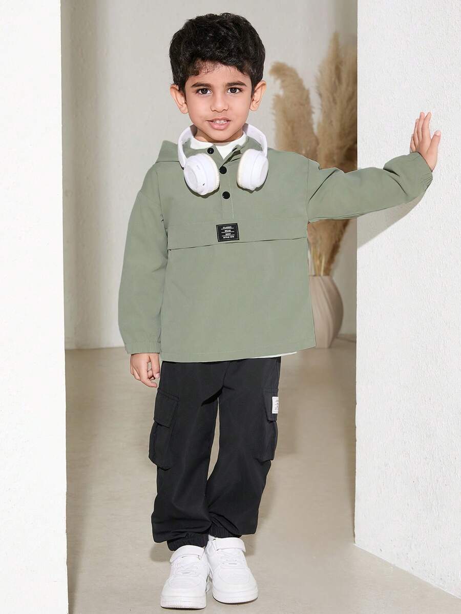 SHEIN Young Boy Front Button Long Sleeve Simple Casual Hooded Jacket